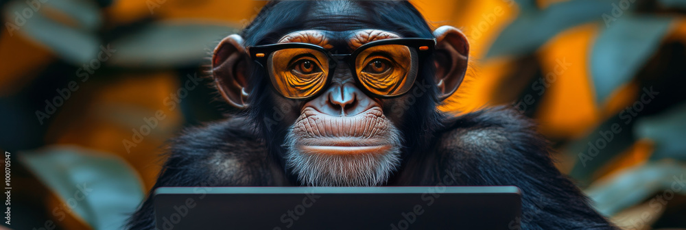 Chimpanzee wearing glasses looks intensely at a laptop. Chimpanzee wearing glasses looks intensely at a laptop.