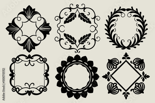 A Set of 6 decorative frame graphic design elements. silhouette black vector art illustration photo