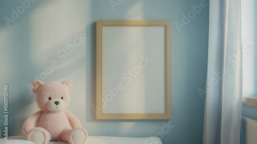 Mock-up frame in a children's room featuring minimalist design and light oak wooden furniture, 3D render