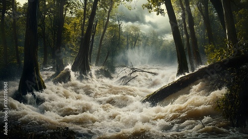 An intense depiction of a natural disaster in a forest, showcasing a raging torrent of water surging through the underbrush, uprooting trees and sweeping away rocks and debris. The scene captures  photo