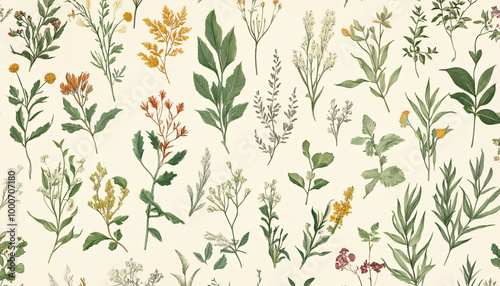 Hand-drawn vintage illustrations of different plant species, paired with soft, muted colors for a calming and artistic vibe