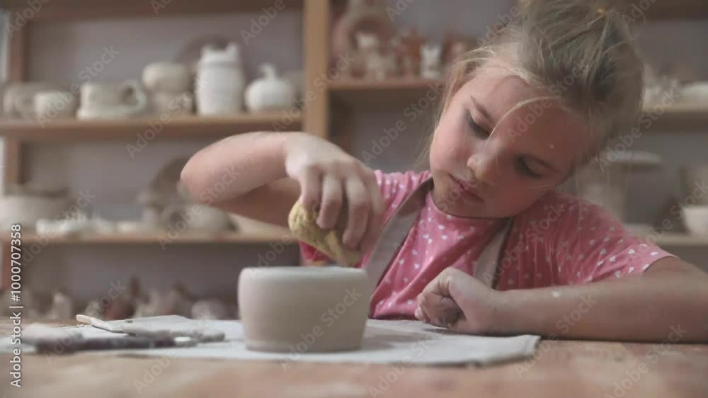 child girl makes a cup of clay crafts pottery school. the child sculpts from clay child girl makes a cup of clay crafts pottery school. the child sculpts from clay