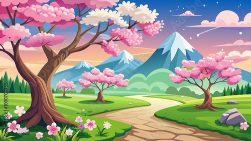 cherry blossoms in spring landscape wallpaper background