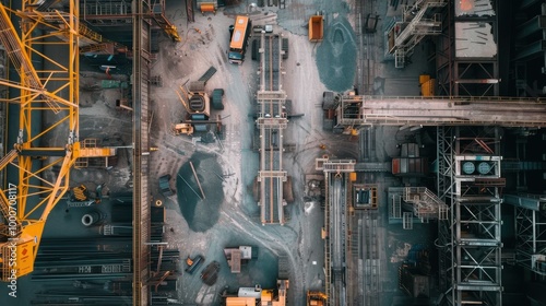 A construction site with a crane and a truck