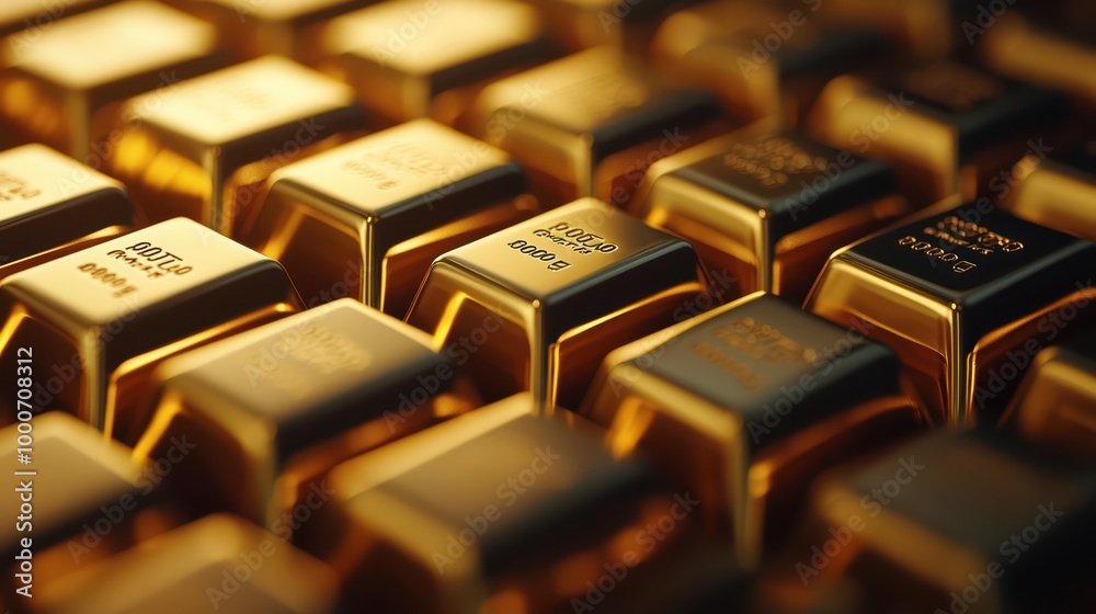 Close-up of stacked gold bars reflecting light Close-up of stacked gold bars reflecting light