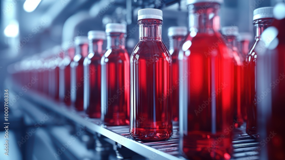 Bottles of vibrant red beverage on a production line Bottles of vibrant red beverage on a production line