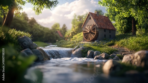 Tranquil watermill by a serene stream in a lush landscape photo