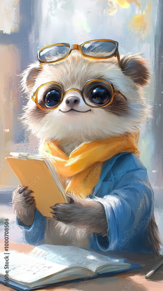 Cute raccoon wearing glasses and a scarf reading a book. Cute raccoon wearing glasses and a scarf reading a book.