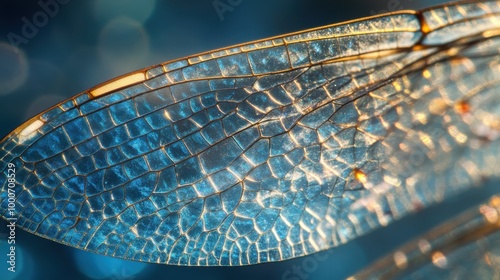 Close-up view of a dragonfly wing highlighting intricate patterns and structures amidst a soft blue background in natural light photo