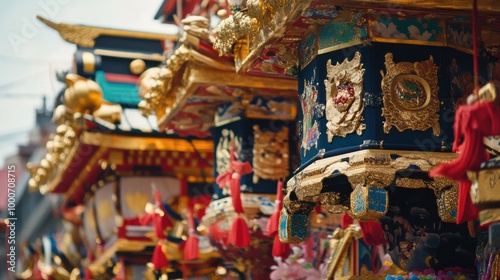 Colorful traditional festival floats adorned with intricate decorations in a vibrant street parade during a summer celebration