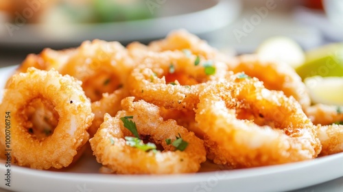 Crispy fried calamari served on a white plate with lemon wedges, garnished with fresh herbs and ready for a delicious meal