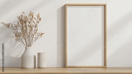 Minimalist decor with empty frame and dried flowers