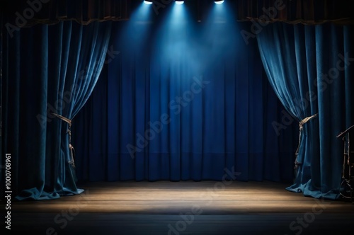 Empty stage with blue color curtains and spotlights