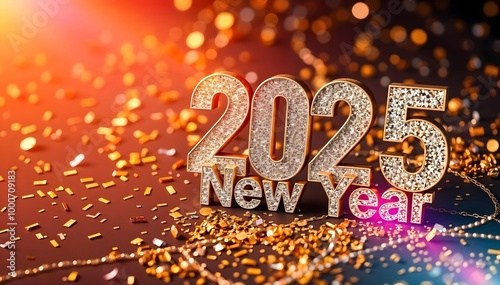 New year 2025 in 3D golden text on a glittery background with bokeh