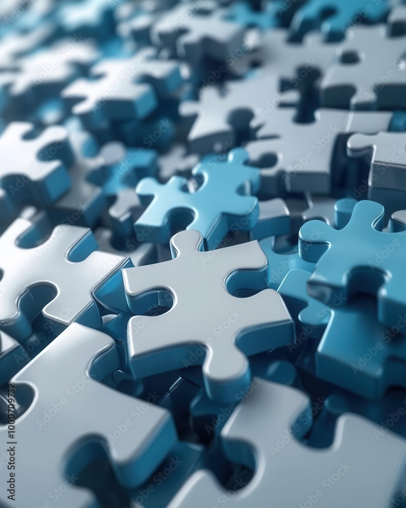 Blue puzzle pieces scattered on a surface. Blue puzzle pieces scattered on a surface.