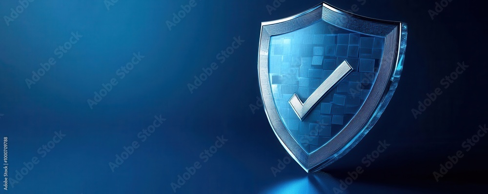 Obraz premium Blue shield with check mark, symbolizing security and protection.