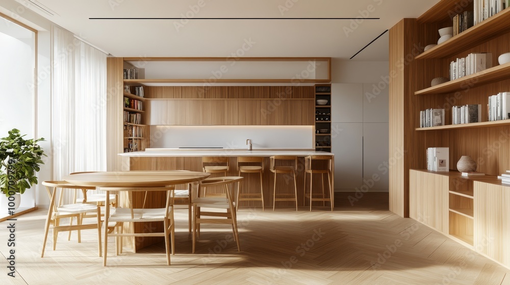 Fototapeta premium Wooden kitchen room with dining table and bar chairs, parquet floor. Kitchen open space room with bookshelf, wooden light furniture, 3D rendering no people