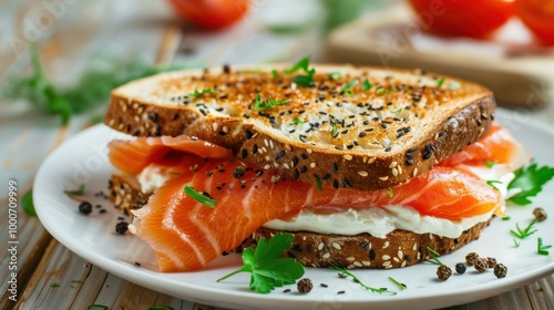 A sandwich with salmon and cheese on a white plate