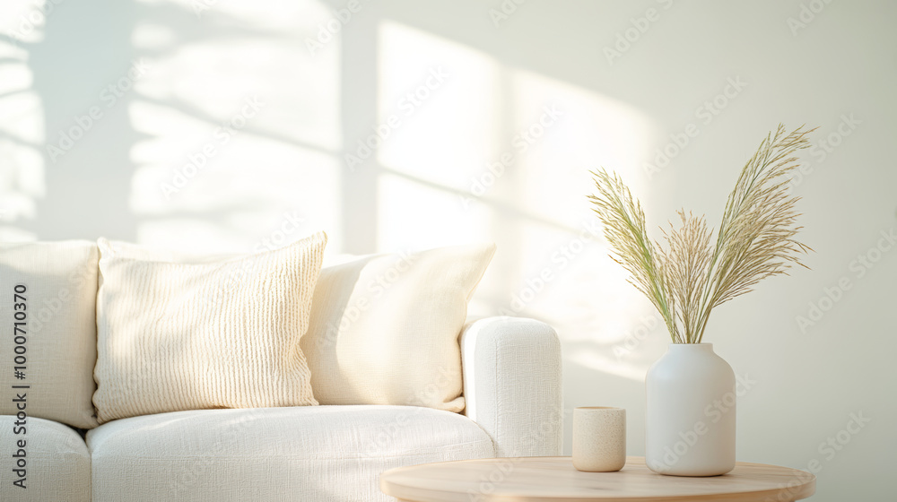 A cozy living room scene featuring soft white sofa adorned with plush cushions, complemented by minimalist wooden table. stylish vase with dried grass adds touch of elegance, creating serene atmospher A cozy living room scene featuring soft white sofa adorned with plush cushions, complemented by minimalist wooden table. stylish vase with dried grass adds touch of elegance, creating serene atmospher