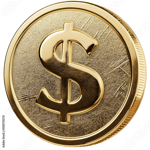 Gold Coin: A shiny, three-dimensional gold coin with a prominent dollar sign embossed on it. png, transparent background.