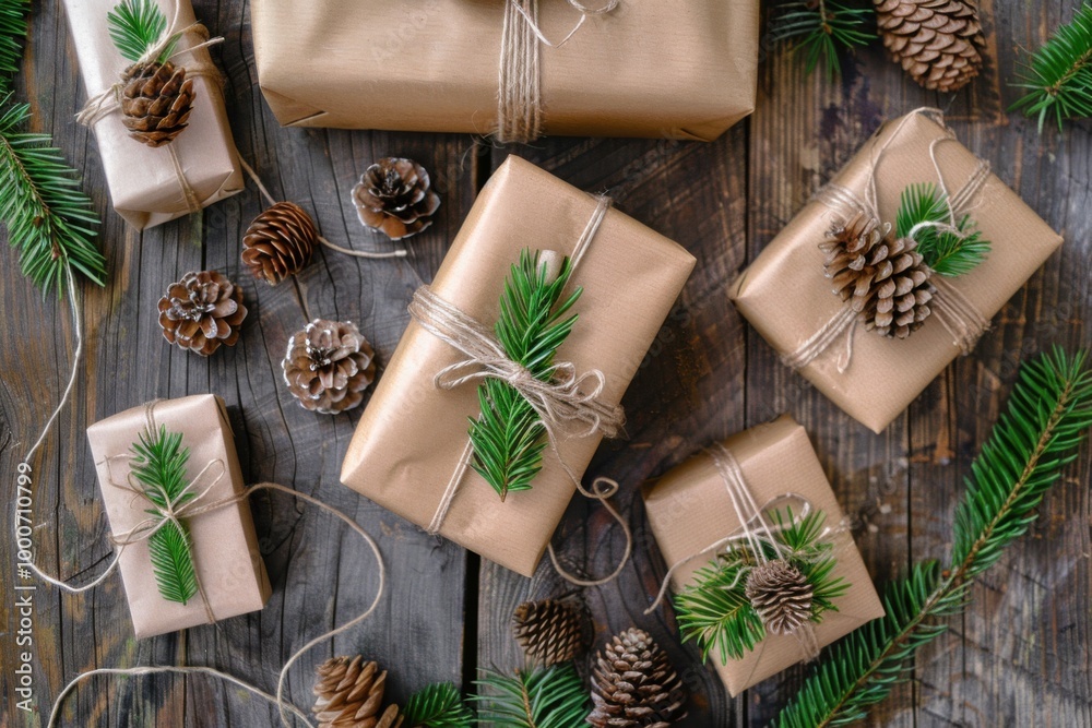 Rustic Christmas gifts wrapped with pinecones and twine on a wooden background for festive holiday decor Rustic Christmas gifts wrapped with pinecones and twine on a wooden background for festive holiday decor