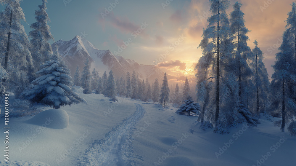 Fototapeta premium Majestic sunset in the winter mountains landscape. Dramatic sky.