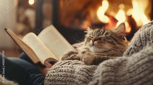 Cozy cat resting on persons lap while they read book by warm fireplace, creating serene and comforting atmosphere