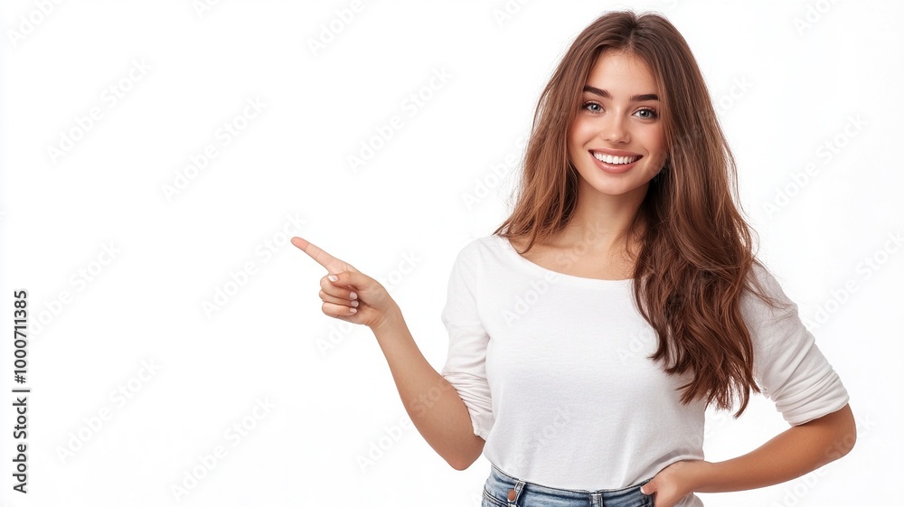 Beautiful young smiling woman, pointing right, showing banner, advertisement on blank empty copy space, isolated on white background. generative ai Beautiful young smiling woman, pointing right, showing banner, advertisement on blank empty copy space, isolated on white background. generative ai