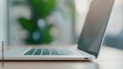 Wallpaper Mural A sleek laptop sits on wooden table, showcasing its modern design and keyboard. background features soft focus green plant, adding touch of nature to workspace Torontodigital.ca