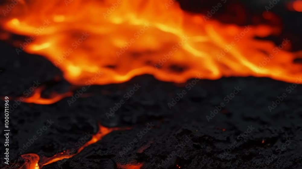 Closeup of red-hot lava flowing over dark, textured volcanic rock. Closeup of red-hot lava flowing over dark, textured volcanic rock.