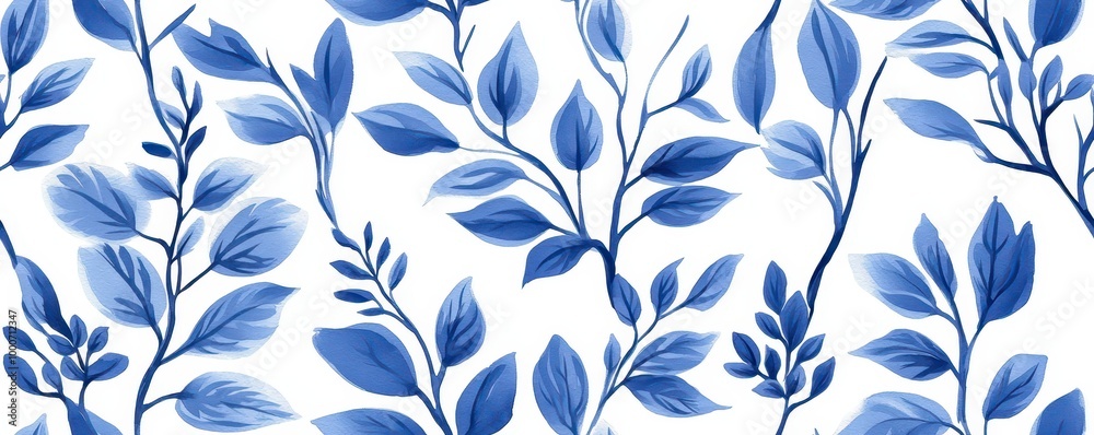 A delicate blue botanical pattern featuring leaves and branches on a white background, ideal for decorative themes or textiles. A delicate blue botanical pattern featuring leaves and branches on a white background, ideal for decorative themes or textiles.