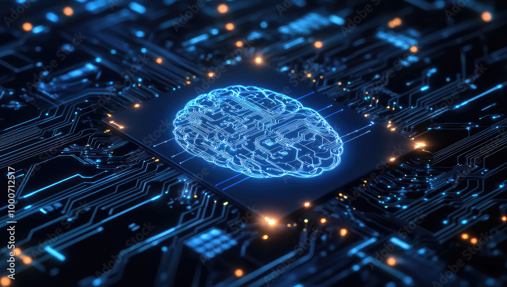 A Blue Circuit Board With An Ai Brain Glowing In The Center