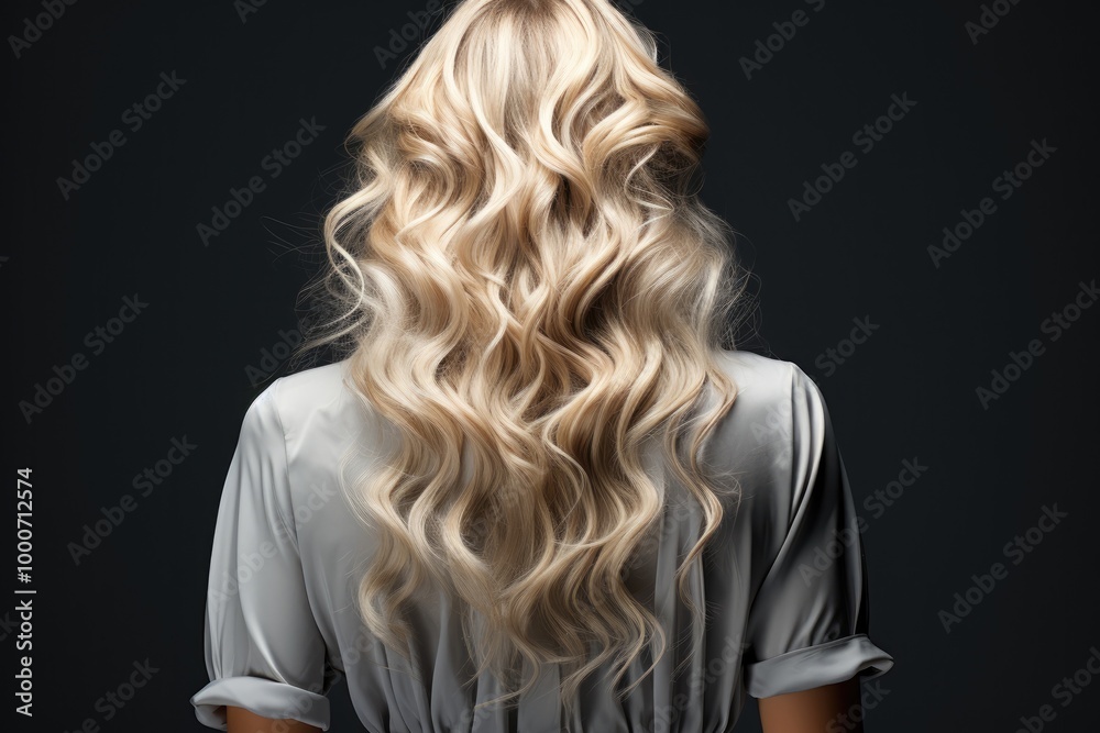 Naklejka premium Woman with curly blond hair from behind on gray background
