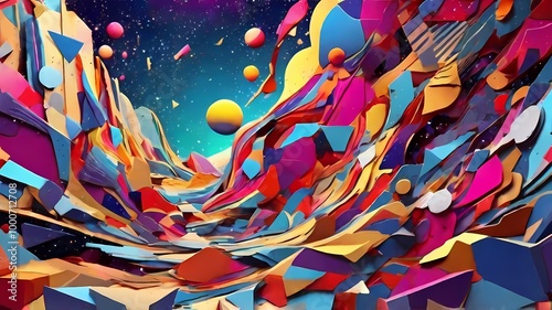 pop art galaxy where vibrant fragmented into geometric shapes, merging cubism with the dynamic motion of futurism photo