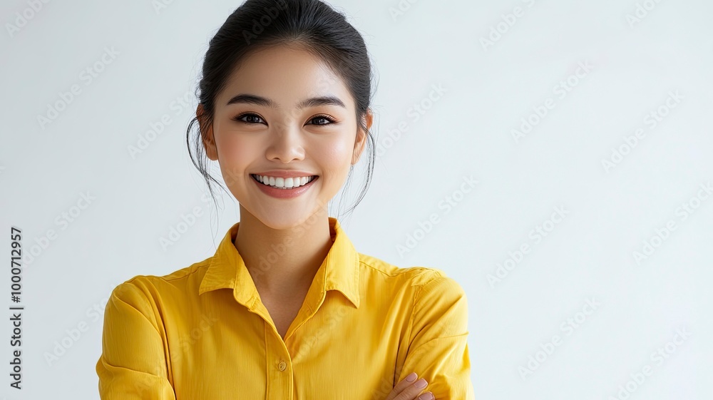 Cheerful beautiful Asian woman in a yellow shirt and stand on white background. generative ai Cheerful beautiful Asian woman in a yellow shirt and stand on white background. generative ai