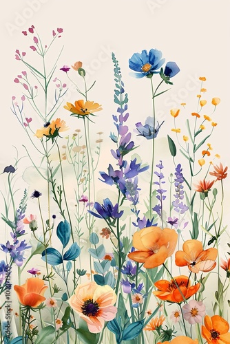 Artistic watercolor pattern with wildflowers