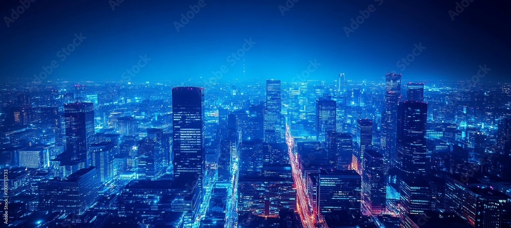 Obraz premium Vast view night metropolis city downtown area. Generative AI technology. 