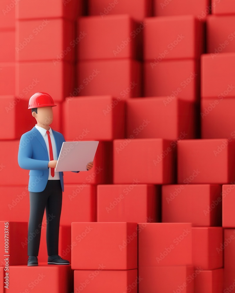 Businessman with tablet in front of red storage boxes. Businessman with tablet in front of red storage boxes.