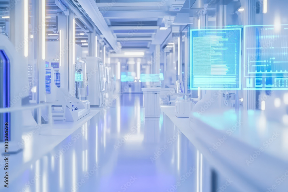 Futuristic laboratory with high tech digital screens and equipment Futuristic laboratory with high tech digital screens and equipment