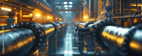 Industrial zone, Steel pipelines, valves and pumps. A large industrial pipe system in a factory. Generative AI