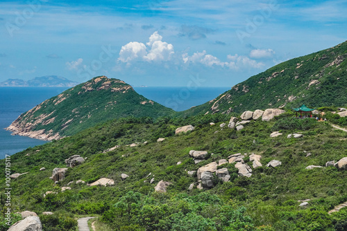 The beautiful landscape of the majestic island and ocean view from Lamma island hiking trail from Sok Kwu Wan and Ling Kok Shan photo