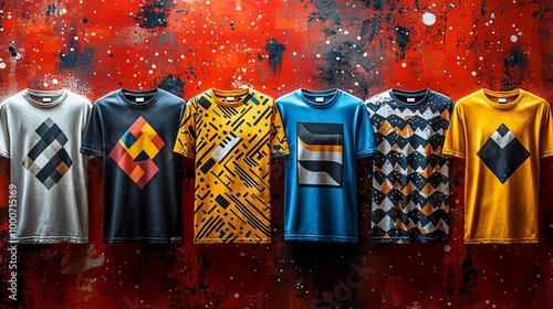 A series of t-shirts with geometric patterns and bright colors, laid out in a stylish, vector design format photo