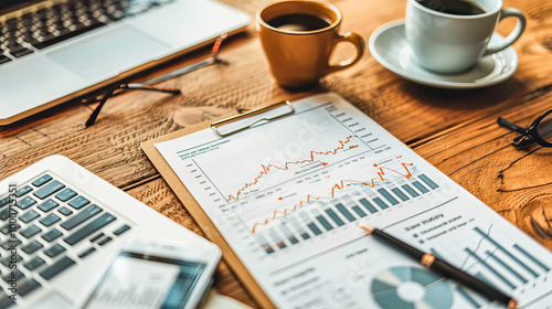 Businessman analyzing financial charts and data on a wooden desk