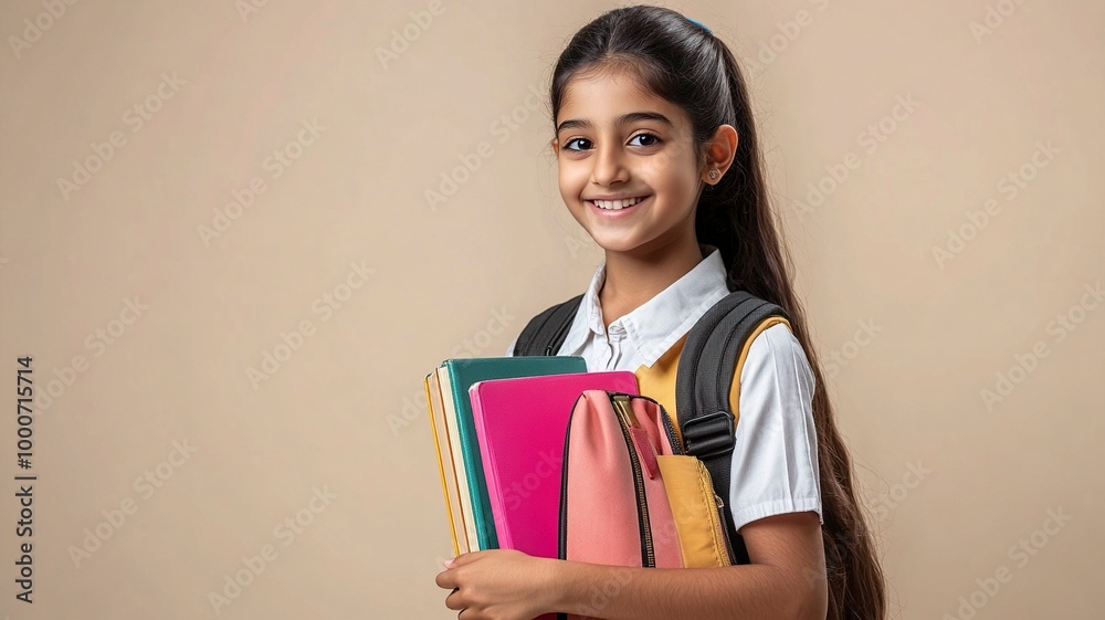 Happy Indian student schoolgirl wearing school uniform holding books and bag standing isolated over beige background, generative ai Happy Indian student schoolgirl wearing school uniform holding books and bag standing isolated over beige background, generative ai
