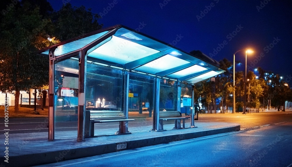 A modern bus stop illuminated by blue LED lights, with a glass shelter and a metal structure, set against a vibrant city street at night A modern bus stop illuminated by blue LED lights, with a glass shelter and a metal structure, set against a vibrant city street at night