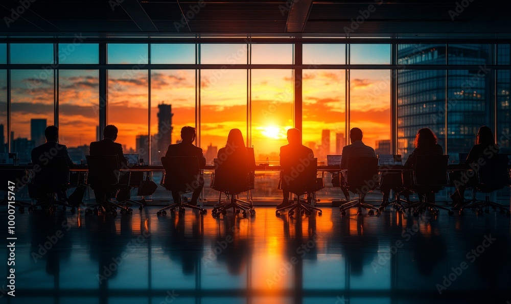 Blurred silhouettes business professionals boardroom meeting corporate office glass wall sunset glow windows modern conference room collaboration discussion teamwork strategic, Generative AI Blurred silhouettes business professionals boardroom meeting corporate office glass wall sunset glow windows modern conference room collaboration discussion teamwork strategic, Generative AI