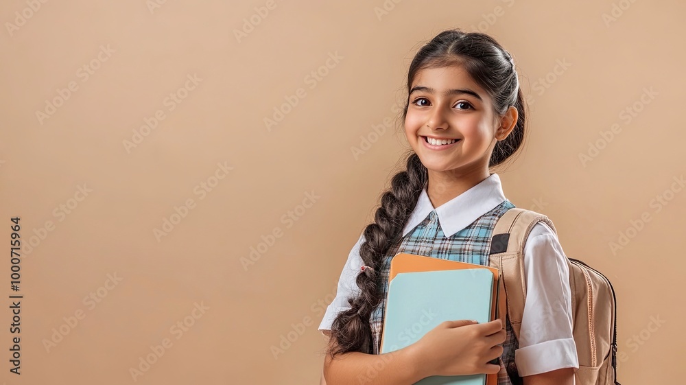 Happy Indian student schoolgirl wearing school uniform holding books and bag standing isolated over beige background, generative ai Happy Indian student schoolgirl wearing school uniform holding books and bag standing isolated over beige background, generative ai