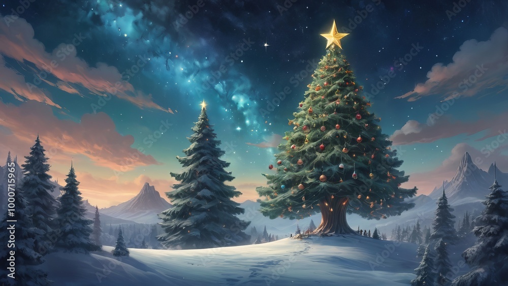 Giant christmas tree growing in snowy mountains fantasy landscape Giant christmas tree growing in snowy mountains fantasy landscape