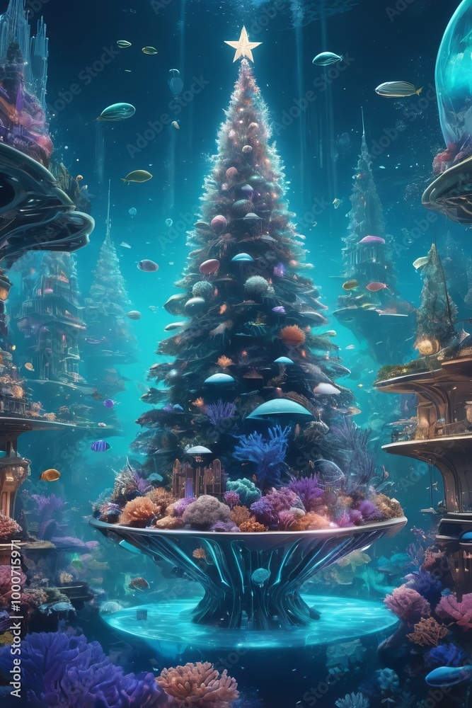 Fototapeta premium Holographic christmas tree glowing in futuristic underwater city