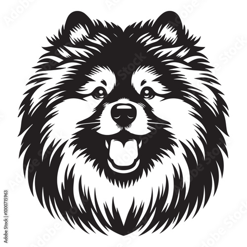 Keeshond Dog Face Clipart Design - Dog Face Logo - Keeshond Vector illustration in black and white